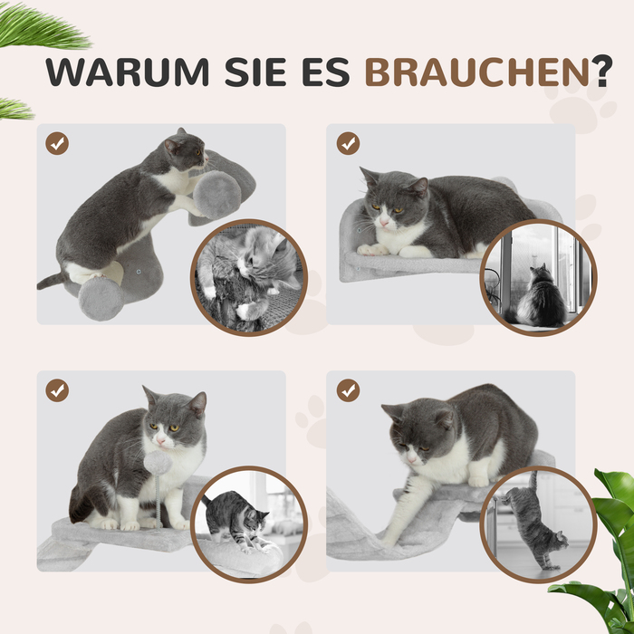 PawHut Cat Climbing Wall Set, 4-Piece Cat Furniture with Steps, Ladder, Jumping Towers, Scratching Posts, Play Ball, Sisal, for Cats up to 5 kg, Light Gray | Aosom