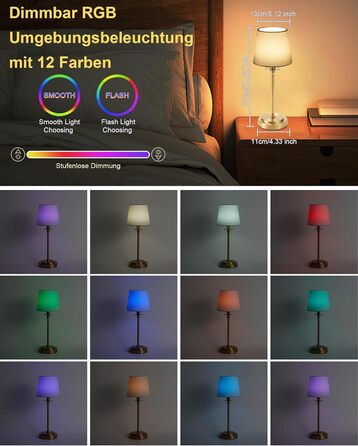Акумуляторна настільна лампа: портативна, бездротова з регулюванням яскравості, для дому та саду, абажур з льону, античне біле металу, RGB синій абажур