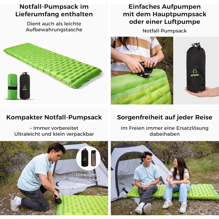 ATEPA ThermAir ізомат для кемпінгу та трекінгу, 6R, R-значення 6.6, 7 камер, компактний, з сумкою, 9см товщина, 9см зелений