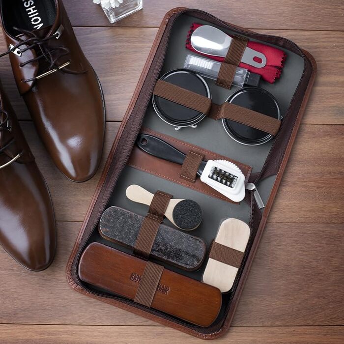FGXY Shoe Care Set, 11-Piece Shoe Care Kit Shoe Polishing Travel Set with Brush Horsehair Shoe Cream Wood Applicator Brushes Shoehorn (11 Pcs)