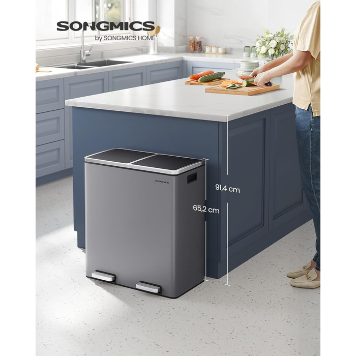 Відро для сміття SONGMICS подвійне, 2x30л, педальне, з системою роздільного збору, металеве, сіро-графітове (LTB60BK)