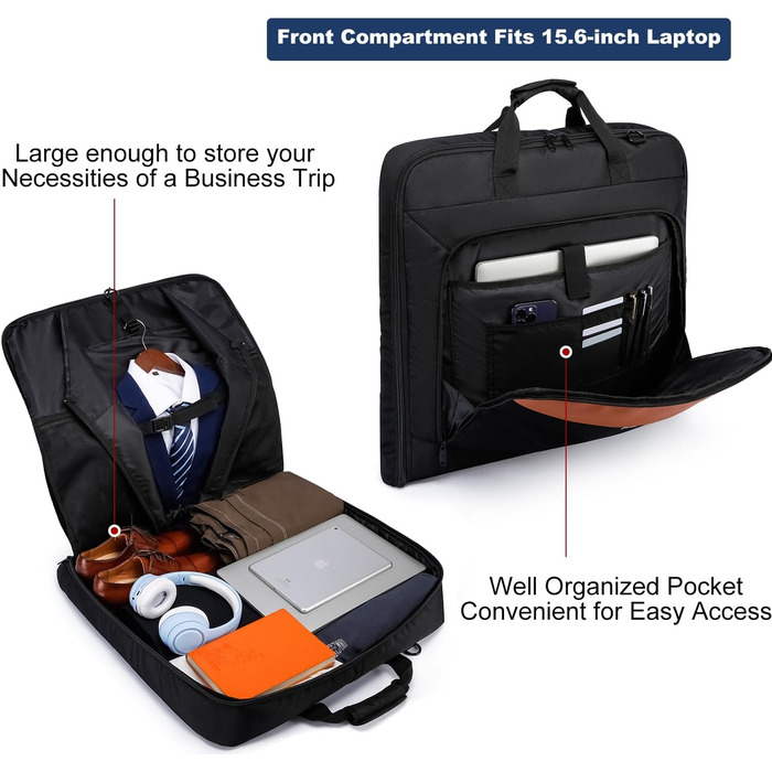 Garment Bag for Men - 40 Inch Carry-on for Up to 3 Suits, 2-in-1 Hanging Suitcase, Foldable Travel Duffel Bag for Business, 15.6 Inch Laptops - (Black-Brown)