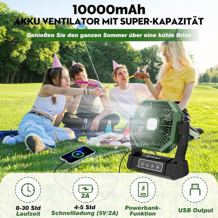 Акумуляторний кемпінговий вентилятор з LED-підсвіткою та Powerbank 10000mAh, портативний безшумний вентилятор для намету з пультом та таймером, чорно-зелений
