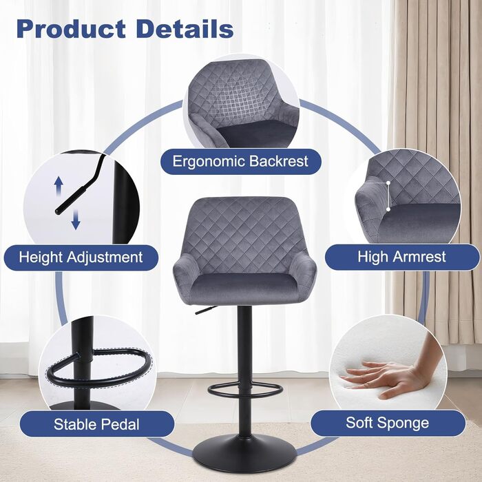 Ralex Velvet Bar Stools 2-Pack - Adjustable Swivel Bar Chairs with Backrest & Armrests for Kitchen, Bar & Counter (Gray)