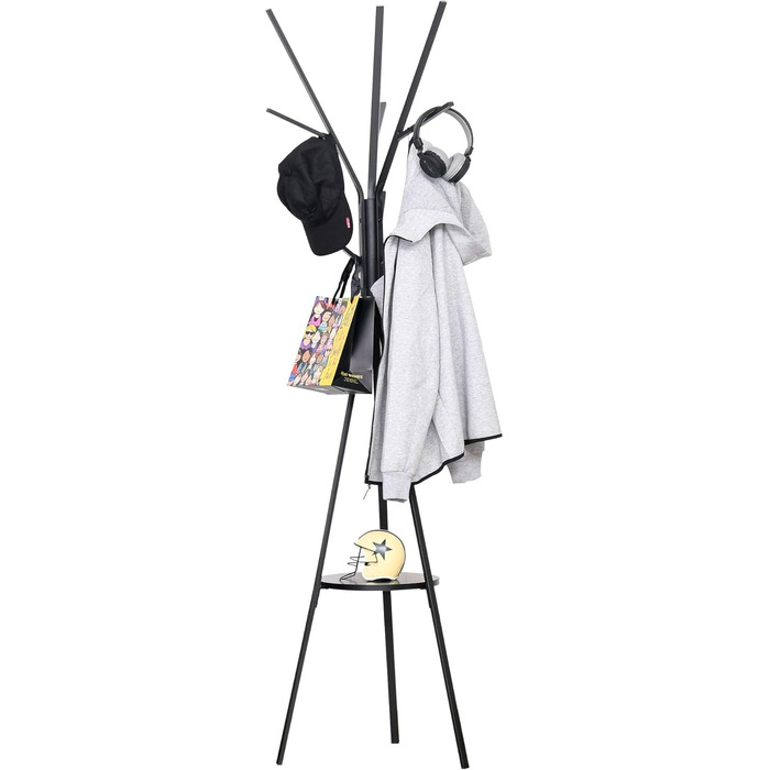 HOMCOM Coat Rack, Clothes Rack with 8 Hooks, Coat Stand with Shelf, Freestanding Coat Rack for Clothes, Hats, Bags, Metal, Black, 45 x 45 x 180 cm