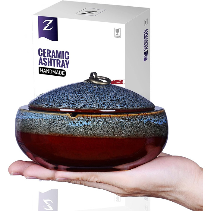 Керамічний попільничка з кришкою, вітрозахисний, для сигарет, внутрішнє та зовнішнє використання, для офісу та дому (5.2' блакитний)