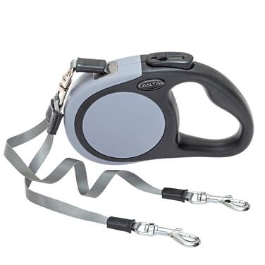 KOOLTAIL Подвійна висувна собача шлейка - міцна, двоколірна 5 м висувна шлейка для собак маленьких, середніх та великих порід, для прогулянок, 2 собаки до 50 кг, сіра