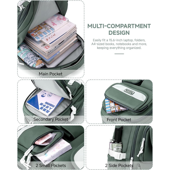 Дитячий рюкзак для підлітка, шкільний рюкзак для дівчинки з багатьма відділеннями, рюкзак для учнів 3-5 класів, середньої та старшої школи, нейлоновий рюкзак для подорожей та відпочинку (зелений)