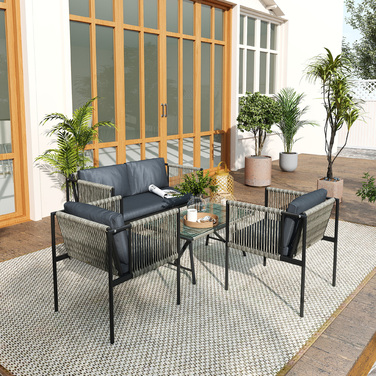 Набір садових меблів Outsunny з ротангу (штучного) Lounge-set з 2-місним диваном, кріслом, скляним столиком, подушками, стійким до погодних умов, для балкона, на 4 особи. Зовнішня зона відпочинку, садові меблі для тераси, балкона, сірого кольору | Aosom