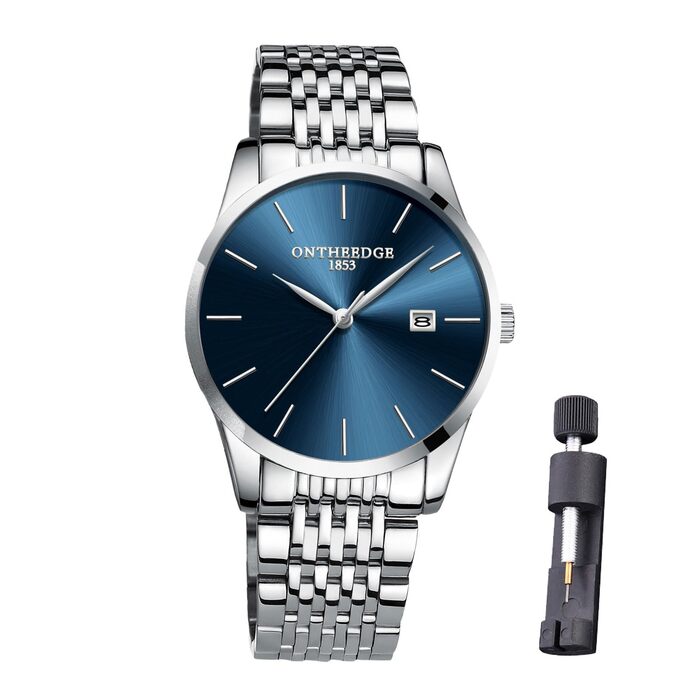 Чоловічий годинник на зап'ясті з нержавіючої сталі, водонепроникний, класичний, з великим циферблатом, мінімалістичний, аналоговий кварцовий годинник для чоловіків, блакитний (чоловічий годинник)