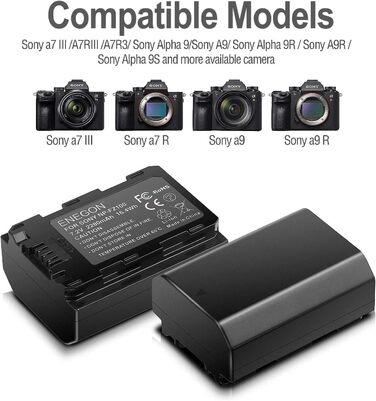 Запасний акумулятор ENEGON (2 шт) та смарт-зарядний пристрій Dual USB для камер Sony NP-FZ100 (Alpha 9, A9R, A7RIII, A7 III, A7R4, A7RIV)