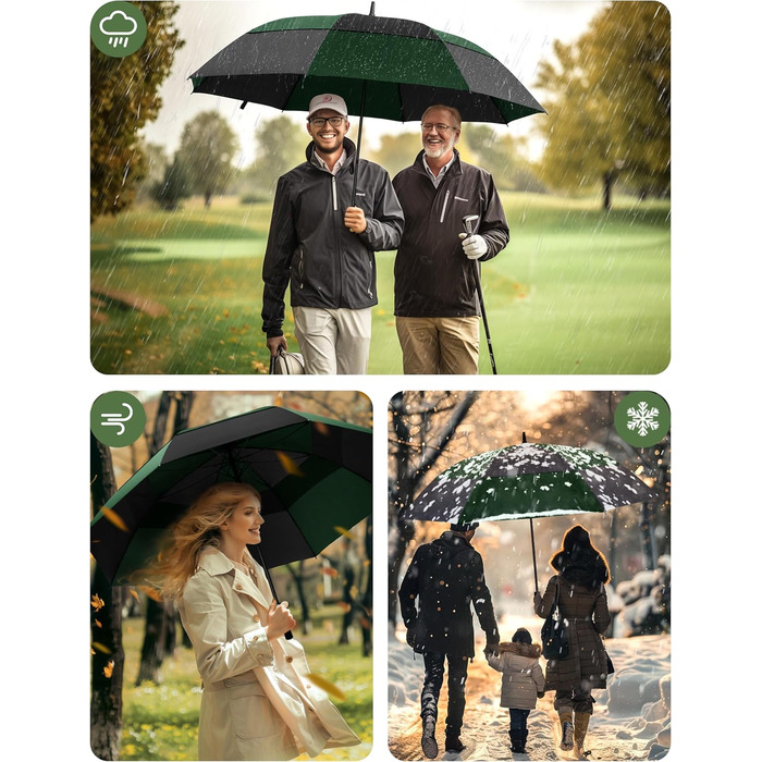 TECKNET Головний парасолька великий XXL, гольф-парасолька 173 см, стійкий до вітру, подвійний купол, вентильований, автоматичне відкриття, ручка EVA, для жінок та чоловіків (чорний та зелений, 150 см)