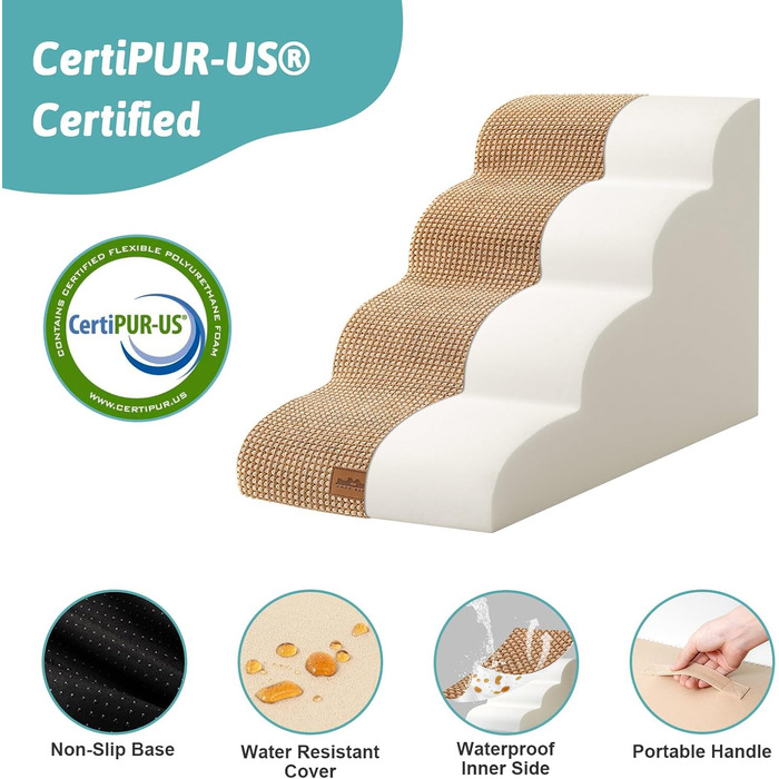 Сходинки для собак маленьких порід 50 см, для ліжка, з високощільним губчатим наповнювачем, 4 сходинки, знімний та миючий чохол, неслизьке покриття, 40x72x50 см, світло-коричневий колір