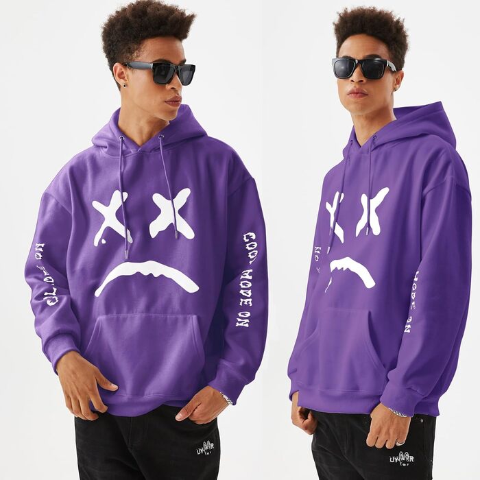 Худі для чоловіків: стильний пуловер з флісу в стилі хіп-хоп, довгі рукави, капюшон, streetwear, осінь/зима (L, фіолетовий)