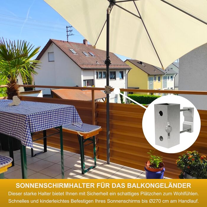 Stainless steel umbrella holder for balcony railings, round and square. Umbrella bracket suitable for umbrellas up to 270 cm. Balcony umbrella stand, stable square bracket, secure attachment to the railing.
