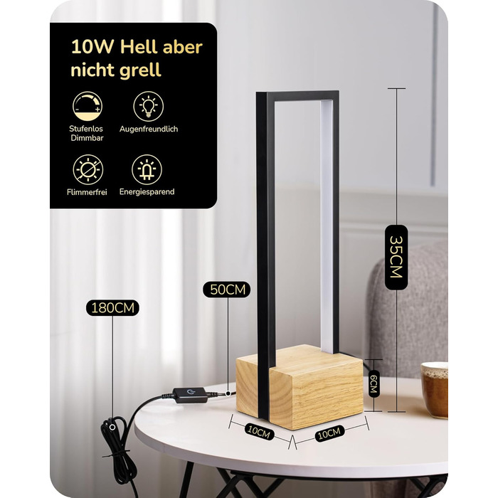 LED настільна лампа EDISHINE з дерева, торкання, регулювання яскравості та функцією пам'яті, 3 колірні температури, 350 люмен, сучасна лампа для вітальні, офісу, подарунок, чорний сучасний стиль