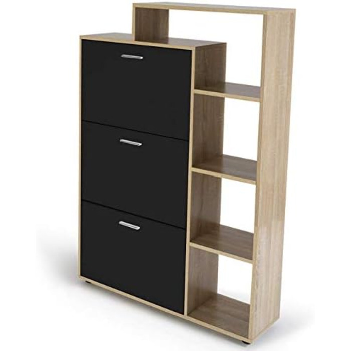 Shoe cabinet KLARK for 18 pairs, beechwood imitation finish, 3 black doors with shelf