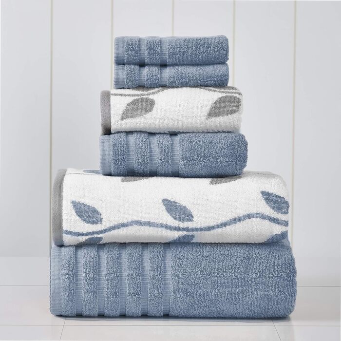 Amrapur Overseas Towel Set, 6-Piece, Dyed, Bio-Leaf Pattern, Jacquard/Solid, Ultra-Soft, 500 g/m², 100% Combed Cotton, Blue