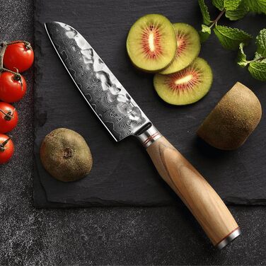 Японський ніж Santoku Zayiko Minami Premium з 12 см лезом з дамаської сталі 67 шарів, ручка з оливкового дерева, дерев'яна коробка. Кухонний ніж для професіоналів та дому без гравіювання