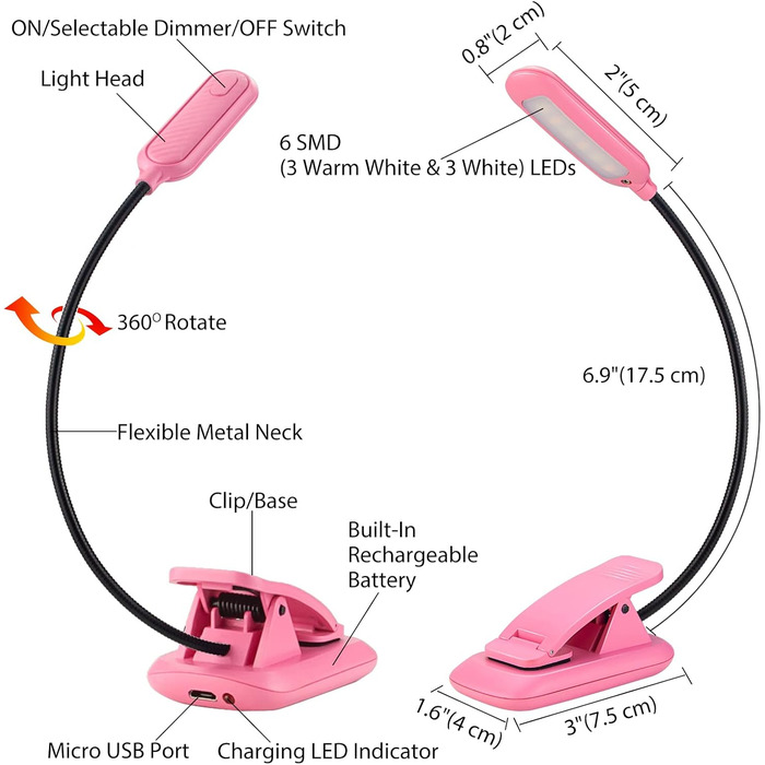 Ліхтарик для читання BIGMONAT з кліпсою, USB, 6 LED, 3 режими яскравості, гнучкий, рожевий