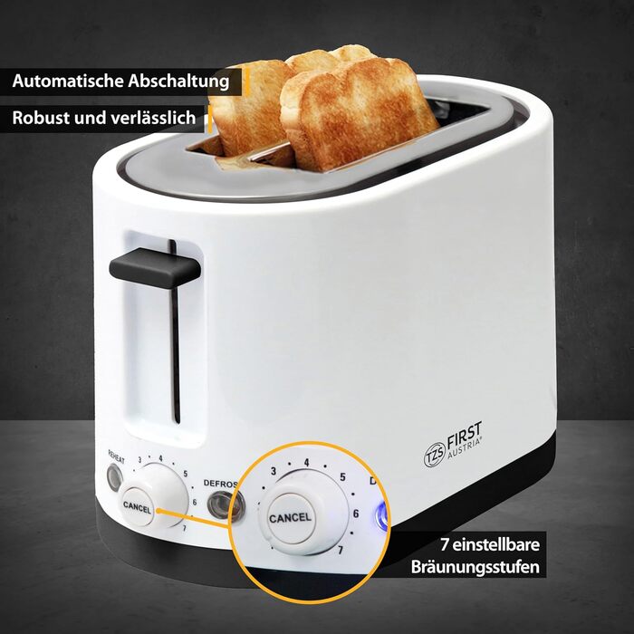 Тостер TZS First Austria 4-х секційний з широким прорізом, 1400 Вт, з підсвічуванням, з лотком для крихт, підставка для тостів, теплоізольований корпус, регулювання температури, корпус з нержавіючої сталі, функція розморожування, центрування хліба, білий