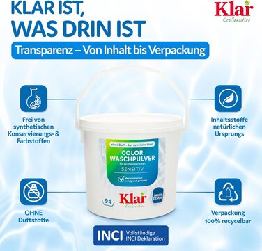 Пральний порошок Klar EcoSensitive Color SENSITIV для кольорових речей, гіпоалергенний, без ароматизаторів, 4.75 кг