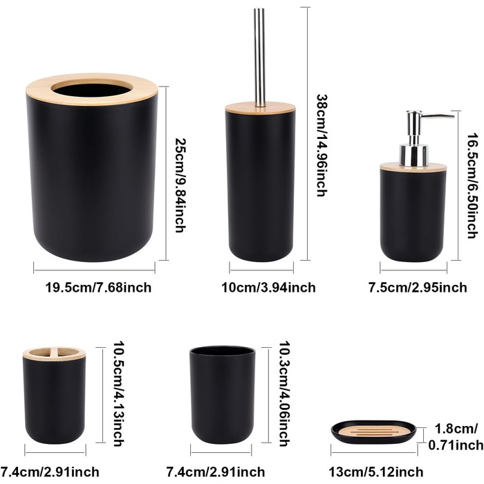 Bathroom Accessories Set - 6Pcs Bathroom Accessories Set made of Bamboo, Lotion Bottles, Toothbrush Holder, Tooth Cup, Soap Dish, Toilet Brush, Trash Can (Set of 6)