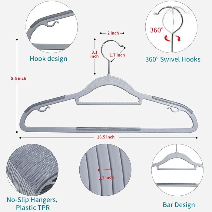 50 штук вішалок для одягу, з неслизьким пластиком, економія місця, 360° обертання гачка, товщина 0,5 см, довжина 42 см, для пальто, суконь, сорочок, сірий + срібло, APY0350G