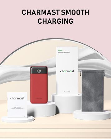 Powerbank Charmast 10000mAh з вбудованими кабелями, 6 виходів, 3 входи, USB-C, для iPhone, iPad, Samsung, червоний