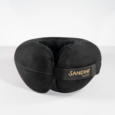 Подушка для подорожей SANDINI TravelFix Premium чорна з велюру: анатомічна підтримка шиї, з транспортним чохлом та кліпсою, виготовлено в ЄС