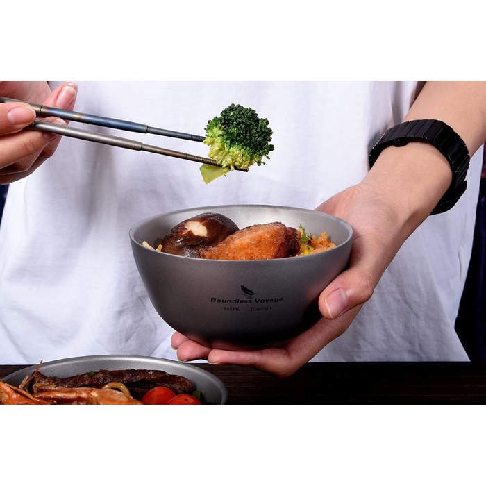 iBasingo Titan Bowl Rice Soup Cup Outdoor Camping Dinnerware 350ml Lightweight Double-Walled Round Bowl Tableware for Travel Hiking Home Ti1094T 350ml -Ti1094t