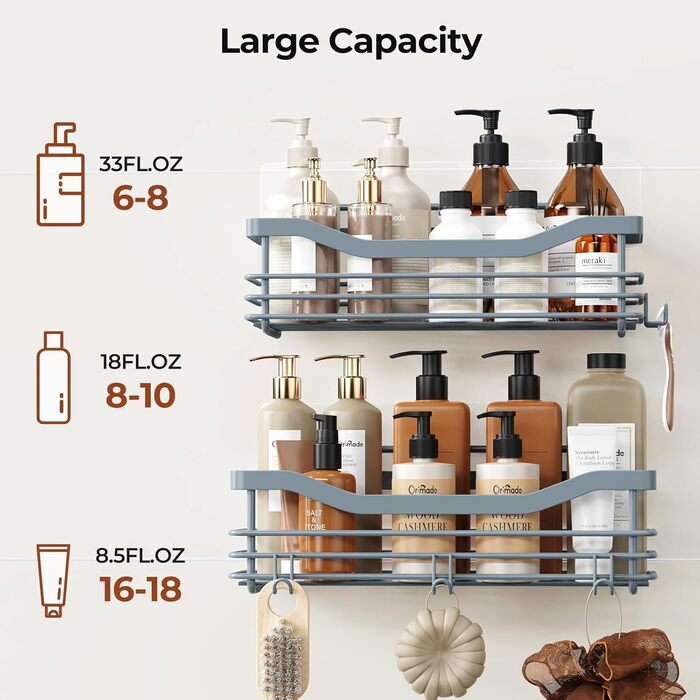 Набір душових корзинок Orimade з 5 гачками, 3 шт. (чорний, сірий) - без свердління, нержавіюча сталь SUS304