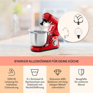 Klarstein Kitchen Machine - 1300W Stand Mixer with 6 Speeds, Dough Hook, Whisk & Beater, 5L Bowl, Planetary Mixer for Bread Dough - Red