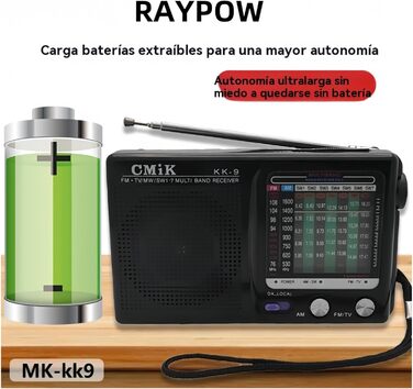 Портативне радіо Raypow 9-діапазонів FM/AM/SW1~SW7, транзисторне, з акумулятором 2 AA, компактне, потужний динамік, для дому та вулиці, чорне