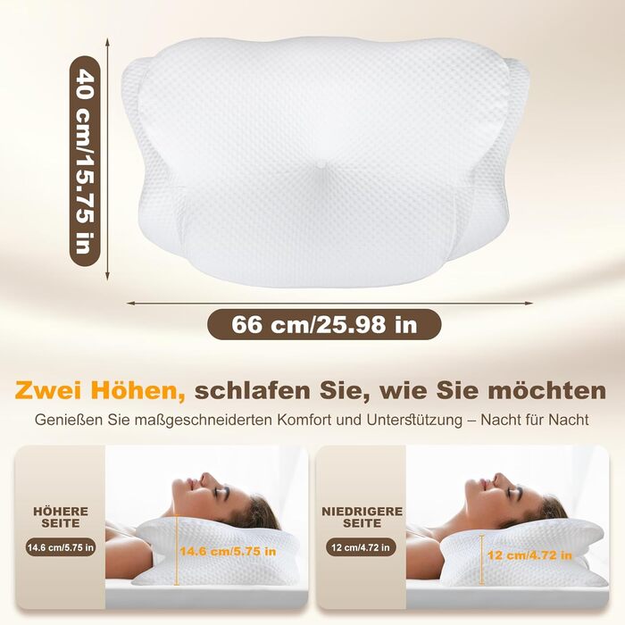 Ортопедична подушка для шиї та плечей, Memory Foam, 66x40x14 см. Підходить для сну на спині, боці та животі. Підтримка шиї.