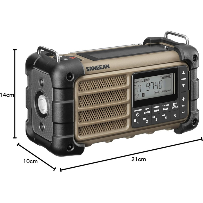 Радіо Sangean MMR-99: Багатофункціональне аварійне радіо з ручкою, FM/RDS, Bluetooth, LED-ліхтариком та IP55, для відпочинку на природі, кемпінгу та надзвичайних ситуацій, Desert Tan