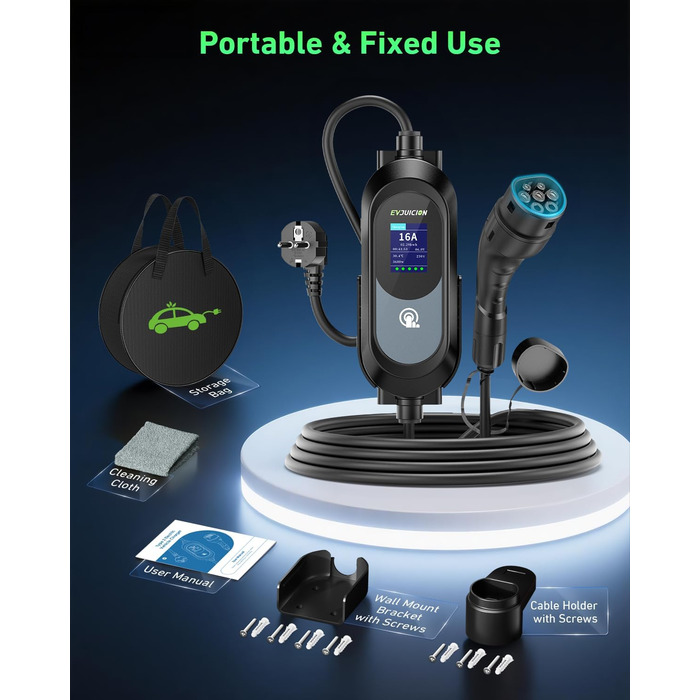 Електричний зарядний пристрій для авто Evjuicion, 15 метрів, 3.68 кВт, 8-16 А, 0-12H, IP67, Тип 2, LED-дисплей, кріплення для стіни та кабелю, портативний, сумка