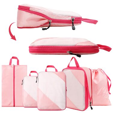 Набір органайзерів для валізи AiQInu: 5 шт. з компресією, мішки для білизни та взуття, рожевий