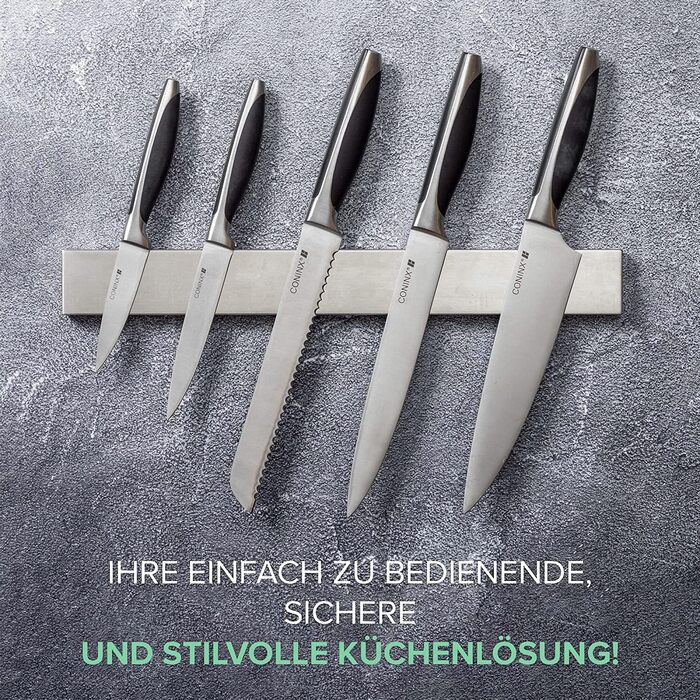 Coninx Magnetic Knife Strip 40cm with High Load Capacity | Magnetic Stainless Steel Knife Holder for Kitchen Knives | 1400 Gauss Magnet | Easy to Mount without Drilling | Beautifully Crafted with Rounded Corners