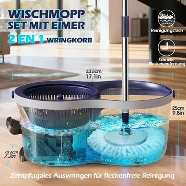 Набір для миття підлоги з відром, мікрофібра, набір мікрофібрових моп-головок, 2 в 1 відро для миття з мопом та педаллю, моп з функцією віджиму для всіх типів підлог. Колір: сірий + темно-синій