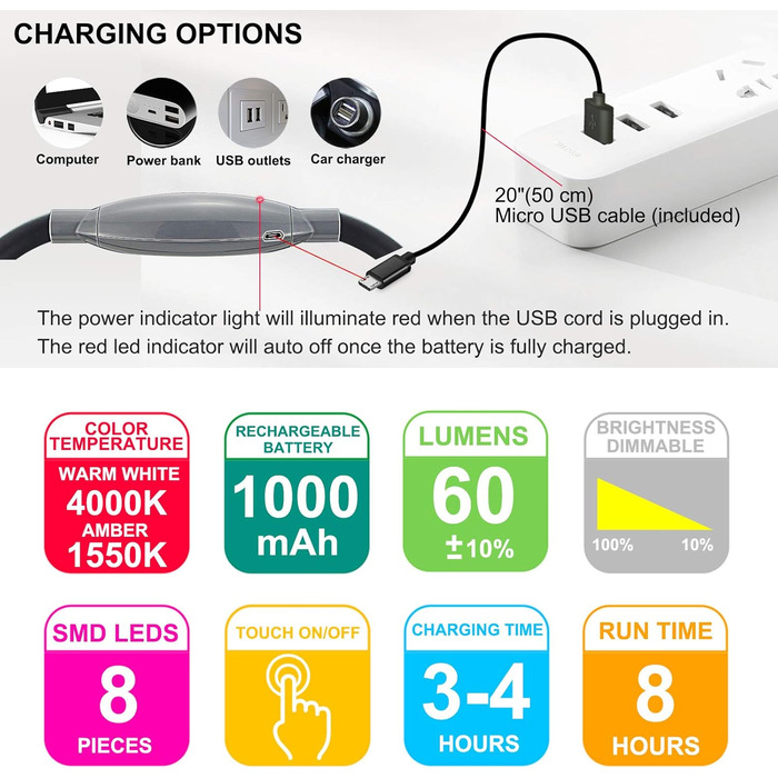 Ліхтар LED для читання BIGLIGHT на шиї, гнучкий, акумуляторний, з регульованою яскравістю, сріблястий