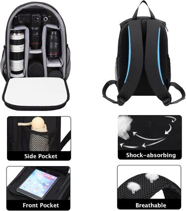 Рюкзак для камери: чорний фоторюкзак для DSLR/SLR з об'єктивом та аксесуарами