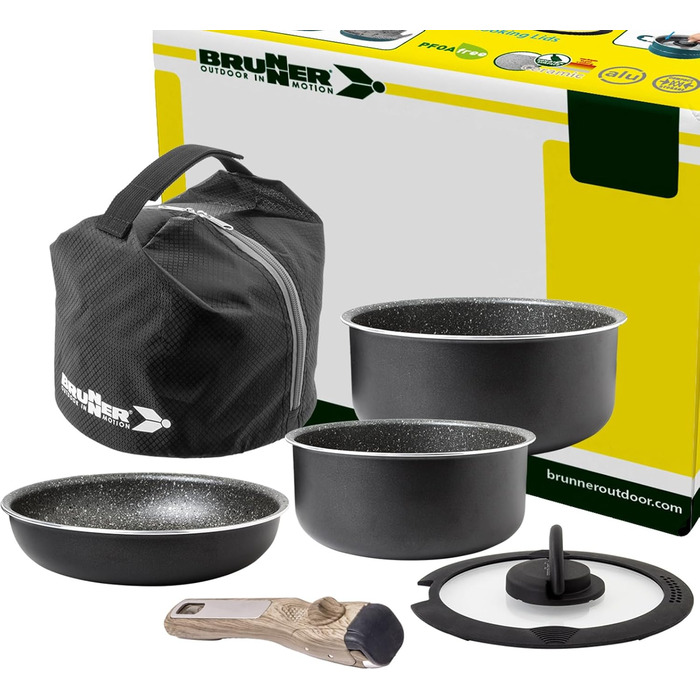 Набір посуду для кемпінгу BRUNNER з алюмінію (каструлі та сковорідки) - діаметр 20, 22, 24, 26 см, Pirate Vakublock, на 4 особи, з покриттям, легкий, високоякісний, стікений, 4+1 частина, міні діаметр 20 см