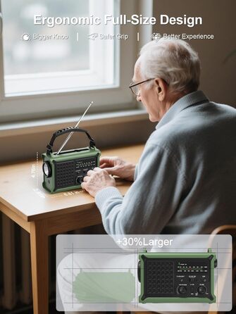 ROCAM Радіо з ручним генератором та сонячною панеллю, 12000mAh, AM/FM, LED ліхтарик, USB, SOS, для кемпінгу та надзвичайних ситуацій, зелене