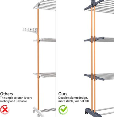 HOMIDEC Clothes Drying Rack Clothes Dryer Tower with Wheels, Space-Saving - with 6 Folding Wings and 2 Swivel Side Wings, Stainless Steel Standing Dryer Clothes Tower for Indoor and Outdoor Use, Grey Grey XL