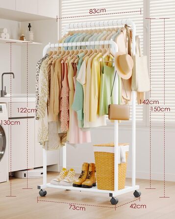 Підставка для одягу на колесах, з подвійною перекладиною, з полицею-сіткою та гачками, білий колір, 73 x 42 x 150 см