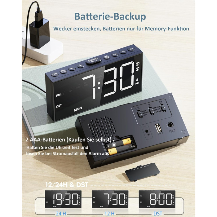 Digital Alarm Clock, Loud Vibration Alarm with Bed Shaker, Loud Alarm for Deep Sleepers, Large Display, Adjustable Volume & Brightness, Dual Alarm, Snooze, USB Charger, Easy Operation