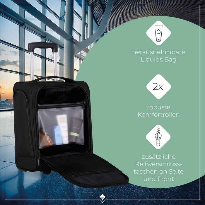 Чемодан ручної поклажі Travelite, 43 см, 28 л, з сумкою для ліквідів, 2 колеса, чорний