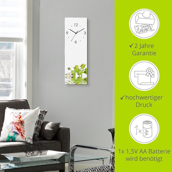 ARTLAND Wall Decor Wall Clock No Ticking Sound Glass 20x60 cm Rectangular Silent Natural Design Zen Spa Stones Asian Modern T6CD (Green Orchid, Radio Clock)