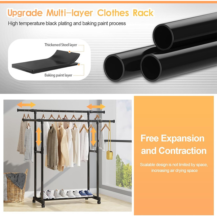 MONKLE - Clothes Rack, Garment Rack, Rolling Garment Rack, Stable Clothes Rack with 3 Storage Shelves, Extendable Double Clothes Rail